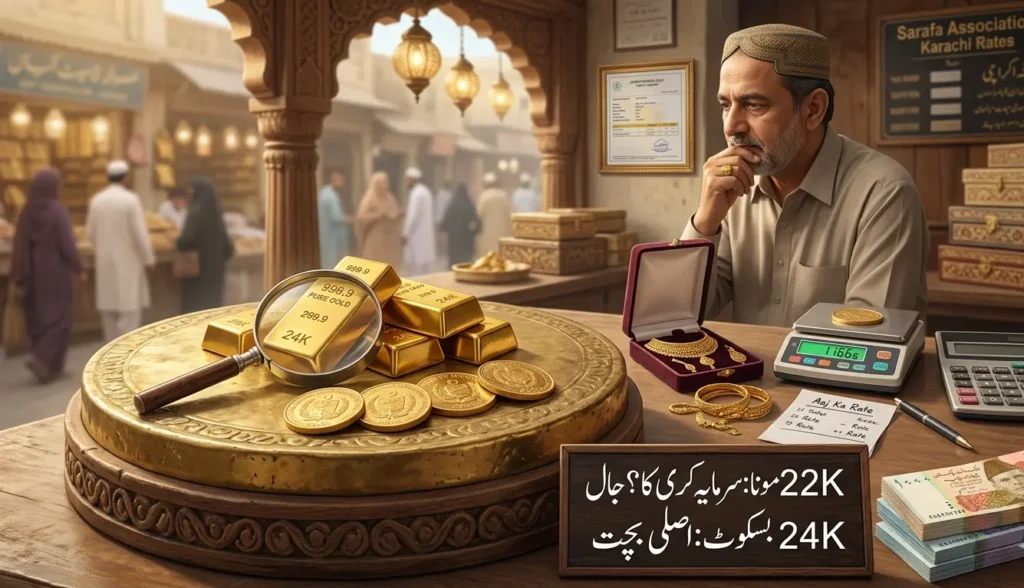 A professional financial visualization showing 24K gold biscuits and 22K jewelry with the latest gold price in Pakistan today 22K per 10 grams on a digital scale in a Karachi Sarafa market setting.