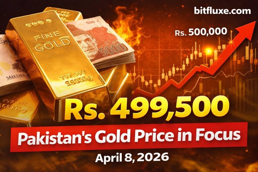 Pakistan gold rate today April 8 2026 Rs 499500 per tola 24K gold price infographic with global spot price and USD PKR rate