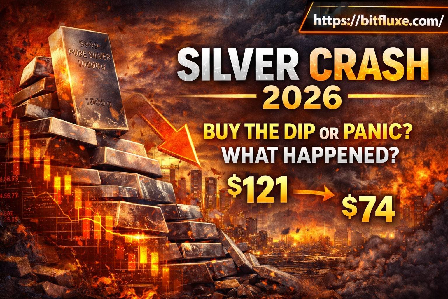 Silver price crash 2026 illustration showing falling prices, collapsing silver bars, and market panic after sharp drop
