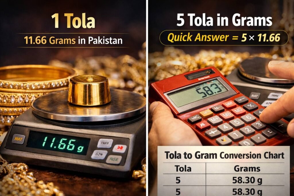 1 tola gold equals 11.66 grams in pakistan shown on digital scale with gold jewelry