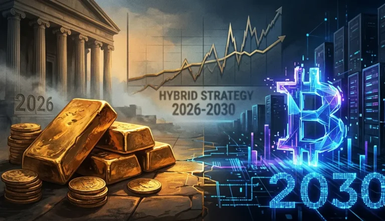 A cinematic 3D render showing the transition from 2026 to 2030 in finance; on the left, stacks of physical gold bars near a classical bank building representing stability; on the right, a glowing holographic Bitcoin symbol amidst high-tech data servers representing digital growth, with an upward-trending market graph in the background.
